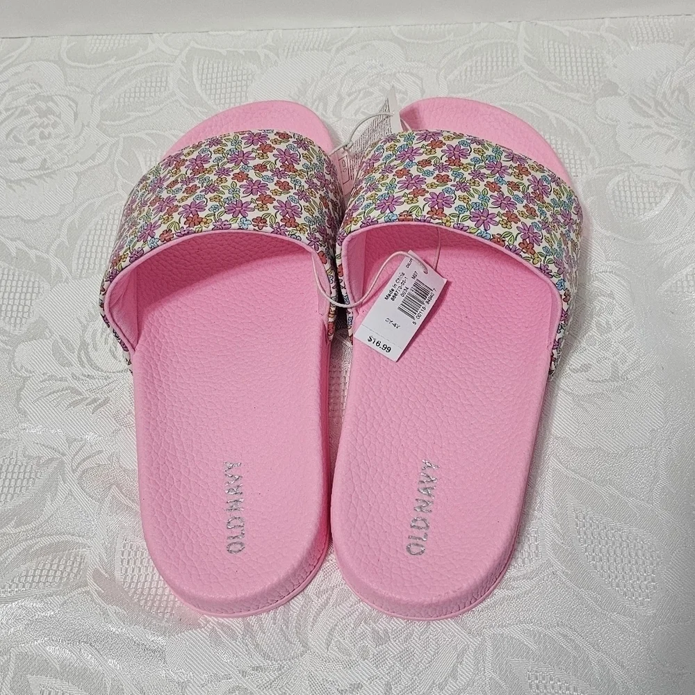 Old Navy Flower Printed Slide Sandals Girls Barbiecore 3Y-4Y
